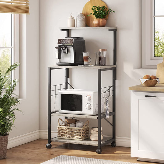 Bestier Kitchen Bakers Rack Microwave Stand Kitchen Cart on Wheels Utility Storage Shelf with 10 Side Hooks Kitchen Organizer Shelves with Adjustable Feet