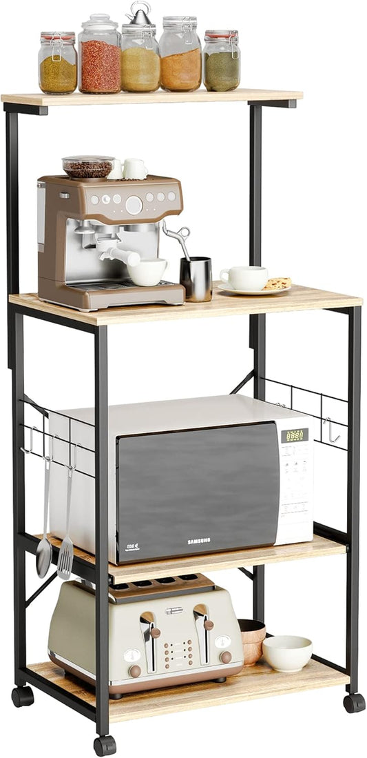 Bestier Kitchen Baker'S Rack Utility Storage Shelf Microwave Stand Cart on Wheels with Side Hooks, Kitchen Organizer Rack 4 Tier Shelves Adjustable Feet P2 Wood Oak