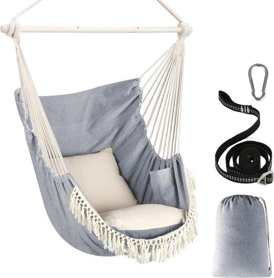 Chihee Hammock Chair Hanging Swing Max 500 Lbs 2 Cushions Included Steel Spreader Bar with Anti-Slip Grooves Portable Hanging Chair Side Pocket Large Macrame Bohemian Chair Indoor Outdoor